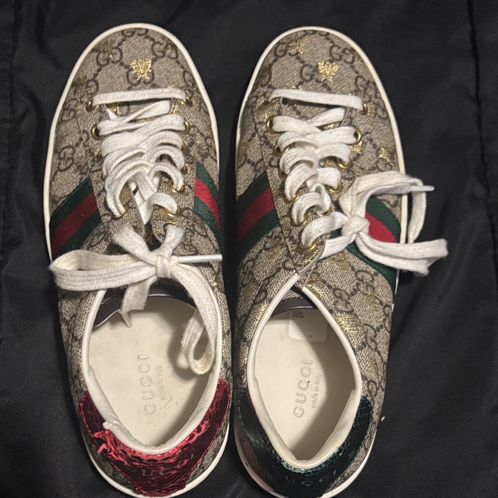Gucci Beige Monogram Sneakers with Red and Green Accents